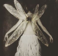 a woman in white dress with wings on her head and body, standing against a dark background