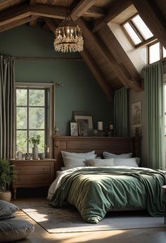 29 Sage Green And Grey Bedroom Ideas: Chic Decor Bedroom Inspirations Blue And Green, Evergreen Bedroom, Sleeping Room Ideas, Grey Green Bedroom, Bedroom Ideas Chic, Sage Green Farmhouse Bedroom, Green And Grey Bedroom Ideas, Green Farmhouse Bedroom, Bedroom Ideas Trendy