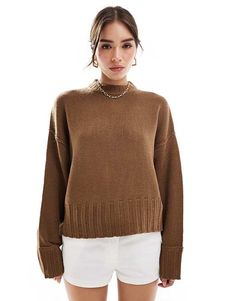 ASOS DESIGN clean crew neck sweater in brown | ASOS Brown Turtleneck Sweater For Work, Brown Fall Sweater With Ribbed Cuffs, Brown Top With Ribbed Cuffs For Fall, Brown Tops With Ribbed Cuffs For Fall, Fitted Brown Crew Neck Sweater, Relaxed Fit Brown Sweater For Layering, Brown Soft Knit Crew Neck Sweater, Cozy Brown Sweater With Ribbed Collar, Brown Relaxed Fit Sweater For Winter