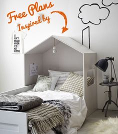 a white bed sitting under a wall with an orange sign above it that says free plans included by