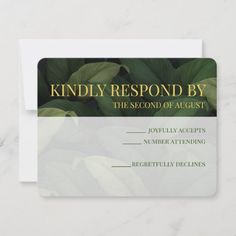 a business card with the words kindly respond by in gold and green leaves on it