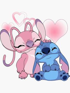 two cartoon characters hugging each other with hearts in the background