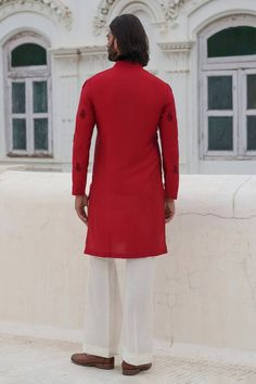 Red full sleeves kurta with damask beaded embroidery. Paired with an ivory trouser. - Aza Fashions Trouser For Men, Trouser Pattern, Beaded Neckline, Band Collar, Full Sleeves, Cotton Silk, Aza Fashion, Beaded Embroidery, Full Sleeve