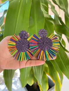 "Iraca Palm Earrings - Handwoven with GoldWash Cluster Back - colorful Raffia 3\" long - Iraca straw earrings Raffia earrings Iraca palm earrings - ⭐️Shipping: DHL : * USA, Central & North America: 2-3 Business Days * Rest of The World: 4-6 Business Days - These ear rings are 100% Handmade using iraca Palm" Multicolor Woven Beach Earrings, Multicolor Woven Earrings For Beach, Beach Multicolor Woven Earrings, Handmade Multicolor Earrings For Vacation, Traditional Woven Multicolor Earrings, Traditional Multicolor Woven Earrings, Raffia Earrings, Straw Placemats, Straw Earrings