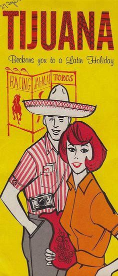 a man and woman are standing together in front of a yellow background with the words tijuana on it