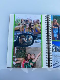 an open notebook with pictures of women in the reflection and on the cover, there is a woman taking a selfie