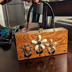 This Is A Very Rare Design Collins Box Bag Made Of Wood With Great Flower Design Multicolor Leather Satchel Box Bag, Multicolor Satchel Box Bag, Elegant Spring Flower-shaped Bag, Enid Collins Handbags, Botanical Flower-shaped Bag For Daily Use, Box Bag, Made Of Wood, Original Box, Mini Bag