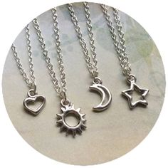 Your choice of 10mm rhodium plated pewter Moon, Sun, Heart or Star pendant on delicate 18” silver plated necklace, with tiny clasp closure.  You can choose any combination of the moon, sun, star or heart charms, and either silver rhodium or gold finished finish.  Each necklace ships in a small zip Friendship Necklaces For 4, Moon Sun Star, Bff Jewelry, Heart Shaped Pendant Necklace, Fancy Jewellery Designs, Bff Necklaces, Music Jewelry, Best Friend Necklaces, Friendship Jewelry