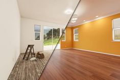 an empty room with wood flooring and yellow walls, before and after remodel