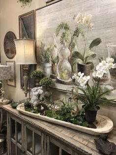 an arrangement of flowers and plants in vases on top of a table next to a mirror