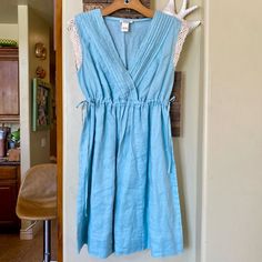 Sundance New Blue Cinch Waist 100% Linen Dress Light Blue 100% Linen Crochet Detailing On Sleeves Cinch Tie Waist On Both Sides Light Weight In Great Condition/Never Worn Size Pl Cinch Waist So Size Is Customizable Through That Area Measurements P2p-19” L- 35.5 Fitted Sundress With Drawstring, Spring Blue Dresses With Gathered Waist, Blue Dresses With Gathered Waist For Spring, Blue Spring Dress With Drawstring, Blue Drawstring Dress For Spring, Blue Drawstring Beach Dresses, Spring Cotton Dress With Drawstring, Fitted Knee-length Dress With Drawstring, Casual Blue Dress With Drawstring