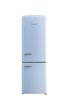 a blue refrigerator freezer sitting on top of a white floor next to a wall