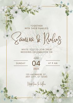 a wedding card with flowers and leaves on it