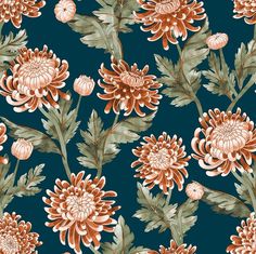 an orange and green flower pattern on a dark blue background, with large pink flowers in the center