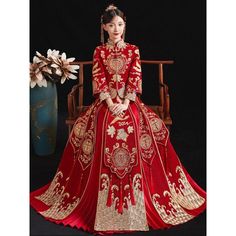 ⭐⭐ Free Shipment to Worldwide! Attention: Two options: Basic design without diamonds/ Upgrated design with Diamonds; Upgrated design: Embedded with Diamond throught whole dress pattern; 1. This Red Xiuhe Bridal Dress is Stunning and Perfect for bridals who wants to have a traditional Chinese Wedding; Made for occasions as : Chinese Traditional Wedding; 中国新娘敬酒服( Chinese bridal/ wedding toast suit ); wedding evening dress; 2. Golder Embroidery design Pattern: Phoenix, Chinese 囍 Character... Two la Ceremonial Gown With Gold Embroidery, Red Lehenga With Gold Embroidery For Wedding, Traditional Wedding Gown With Long Train, Floor-length Gown With Gold Embroidery For Traditional Ceremonies, Festive Embroidered Gown For Marriage, Embroidered Gown For Marriage And Festive Occasions, Floor-length Gown With Gold Embroidery For Ceremonies, Festive Embroidered Wedding Dress For Traditional Ceremonies, Traditional Wedding Dress With Long Train