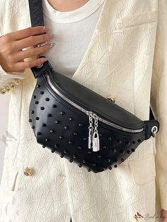 Bird in Bag - Womens Fashion Waist Bags: Punk Style Rivet Chest Bag with PU Leather Exterior - Versatile Shoulder Bag, Crossbody Bag, and Phone Purse - Elegant Fanny Pack for Ladies Punk Style Bag With Rivets For Daily Use, Black Riveted Shoulder Bag, Black Rivets Shoulder Bag, Punk Style Shoulder Bag With Rivets, Trendy Everyday Bags With Rivets, Punk Style Rivet Shoulder Bag, Punk Rivets Shoulder Bag, Punk Crossbody Bag With Rivets, Punk Style Crossbody Bag With Rivets