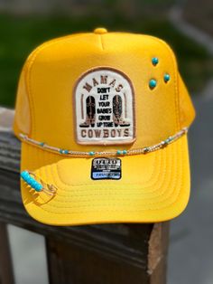 Mamas don't let your babies grow up to be cowboys patch trucker hat. Hat is a high crown Otto trucker hat in gold, comes with beautiful faux turquoise gromets attached, hat chain, and hat pin attached.  **NO RETURNS OR EXCHANGES, if you have questions please message me ahead of time. Hat Chain, Diy Hats, Patch Hat, Diy Hat, Baby Cowboy, Hat Pin, Hat Pins, Baby Grows, Don't Let