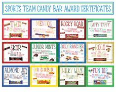 the sports team candy bar award certificates