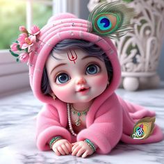 a baby doll wearing a pink outfit with a peacock feather on it's head