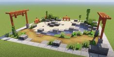 an outdoor seating area is shown in this minecraft project, with benches and tables