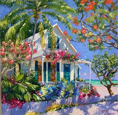 a painting of a house on the beach with flowers and trees in front of it