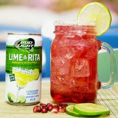 a can of bud light lime - a - rita next to a glass of lemonade