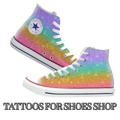 Custom Converse High Top Shoes Sparkles Rainbow Each pair of shoes is made to order, please make sure you put in the correct shoe size before you check out. The ink is permanent and will never come off, fade away, or peel off. Made in the USA. This price includes everything: shoes, artwork, and shipping. Because the artwork is custom made for you, there are no refunds. exchanges or returns. If you have any issues with your order, please feel free to reach out to us and we will be more than glad to help you! Please note that colors of actual item may slightly differ from what you see on your screen due to differences in computer monitor settings. There will be a slight fading at the heal and at the toe due to the curvature of the shoe, as shown in the images. *Our Sparkles collection are no All Star Tattoo, Custom Converse High Tops, Shoes Artwork, Rainbow Converse, Side Walk, Converse High Top, Sparkle Shoes, Custom Converse, Rainbow High