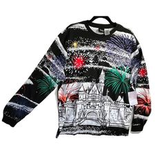 Celebrate The 100th Anniversary Of Disney Parks With This Stunning Mickey Castle Fireworks Sweater. The Black Sweater Features A Unisex Design, Suitable For Adults In Size L. The Sweater Is Adorned With The Iconic Mickey Mouse, And The Fireworks Design Adds A Touch Of Magic To The Outfit. Perfect For Any Disney Fan, This Sweater Is A Must-Have Collectible For Those Who Love The Franchise. The Disneyana Apparel Is Ideal For Wearing To The Parks Or For Everyday Wear. Get Your Hands On This Limited Black Disney Sweatshirt For Winter, Black Disney Winter Sweatshirt, Black Disney Sweatshirt For Streetwear, Graphic Print Tops For Disney Fan Events In Winter, Fireworks Design, Disney Sweaters, 100th Anniversary, Disney Fan, Sweaters Crewneck