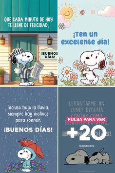 four different posters with cartoon characters and words written in spanish, english, and french