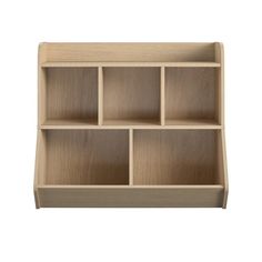 an empty wooden shelf with six compartments