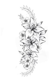 a black and white drawing of flowers with leaves on the bottom half of their arm