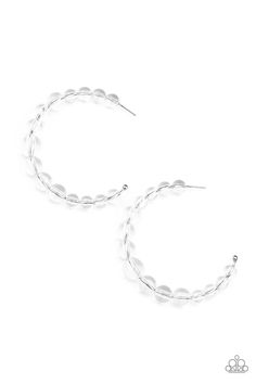 Gradually increasing in size at the center, a glassy collection of white beads are threaded along an oversized hoop for a bubbly effect. Earring attaches to a standard post fitting. Hoop measure approximately 2 1/2" in diameter. Sold as one pair of hoop earrings. P5HO-WTXX-092XX Paparazzi Accessories Jewelry, White Hoop Earrings, Pink Jewels, Clear Earrings, Paparazzi Accessories, Clear White, Beaded Hoop Earrings, Beaded Hoops, Paparazzi Jewelry