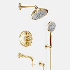 the shower head and handset are shown in gold