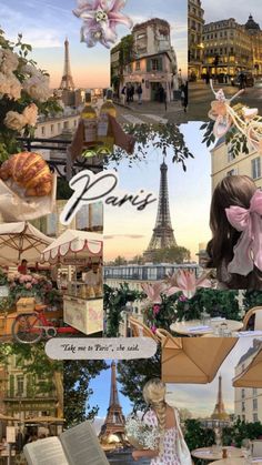 the collage has many different pictures and words on it, including an eiffel tower