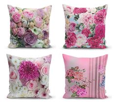 four pillows with different flowers on them, one pink and the other white in color