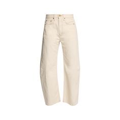 B SIDES "Lasso" bow-leg jeans featuring a raw hem in off-white denim  Low-rise; sits at hip Four-pocket style Relaxed fit Ankle length Button/zip fly; belt loops Cotton Made in USA Casual Cream Cropped Leg Jeans, Casual Cream Cropped Jeans, Cream Denim Pants With Five Pockets, Cream Cropped Leg Bottoms With Five Pockets, Cream Five-pocket Jeans For Work, Chic Beige Jeans With Five Pockets, Cream Cropped Leg Fall Jeans, Chic Cream Cropped Leg Jeans, Cream Cropped Leg Jeans For Fall