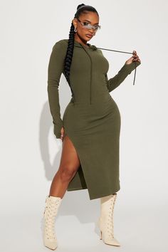 Available In Pink And Olive. Hooded Midi Dress Long Sleeves Thumbholes Stretch Length=47" 94% Polyester 6% Spandex Imported | Becky Hooded Midi Dress in Olive Green size Large by Fashion Nova Hooded Stretch Dresses For Fall, Olive Fashion, Dresses Fashion Nova, Dress Long Sleeves, Fashion Nova Dresses, Pink Midi Dress, Long Sleeve Midi Dress, Dress Long, Pink Fashion