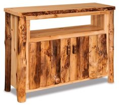 a wooden entertainment center with two doors and drawers on one side, made out of logs