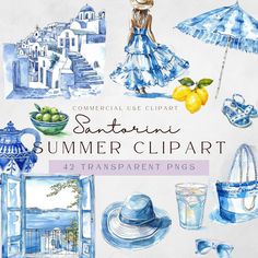 watercolor summer clipart with blue and white colors, including lemons, hats, sunglasses