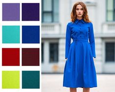 Royal Blue Dress, Elegant Shirt Dress, Long Sleeve DressBright blue dress with collar and front buttons➤ Features> Dress length: 107 cm (42,12'')> Stand up collar> Long sleeves> Lining in skirt part> Zipper on the side> Front buttons> Separated belt➤ SizingMy Size Guide in FAQ section below will help you define the perfect size match. The item can also be made according to your measurements – just message them to me. ➤ DeliveryYour item is made-to-order and will be ready wit Formal Winter Dress, Blue Dress Elegant, Long Sleeve Dress Midi, Front Button Dress, Elegant Shirt Dress, Bright Blue Dresses, Shirt Dress Long Sleeve, Shirt Dress Long, Midi Dress For Women