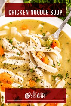 chicken noodle soup in a white bowl with a spoon