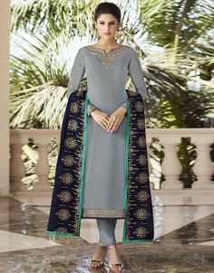 Grey Satin Georgette Lehenga Salwar Suits Grey Embroidery,Zari and Diamond Work:Arabic Attire Wedding Dresses Pakistani, Celana Fashion, Georgette Lehenga, Lehenga Suit, Churidar Suits, Salwar Kameez Online, Embroidered Pants, Designer Salwar Suits, Party Wear Lehenga