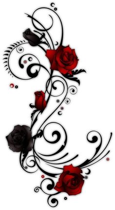 some red roses with black swirls on them and one is in the shape of a letter