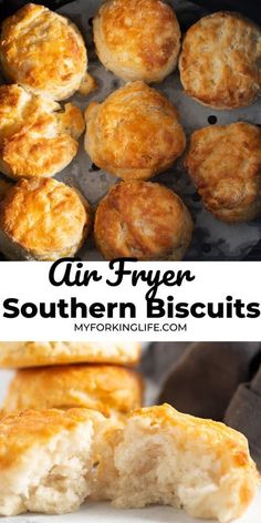 some biscuits that are in a pan and one has been cut into pieces with the words air fryer southern biscuits on it