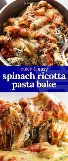 spinach and ricotta pasta bake in a casserole dish with text overlay