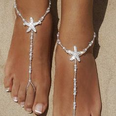 2pcs Starfish Beads Ankle Chain Barefoot Sandals Arrives New Summer Beach Anklets With Starfish Charm, Starfish Anklets For Summer Vacation, Summer Strand Anklet With Starfish Charm, Starfish Anklets For Beach Season, Party Anklets For Beach Season With Ankle Strap, Party Anklets With Ankle Strap For Beach Season, Summer Vacation Starfish Anklets, Starfish Charm Anklets For Beach Vacation, White Starfish Charm Anklet For Beach