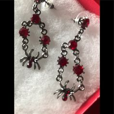 Nwot Never Worn Spider Dangle Earrings For Pierced Ears. Red Sterling Silver Earrings For Evening, Red Sterling Silver Evening Earrings, Nickel-free Red Earrings For Party, Red Metal Earrings For Party, Red Metal Earrings For Evening, Red Metal Evening Jewelry, Elegant Red Metal Earrings For Evening, Evening Red Metal Jewelry, Spider Earrings