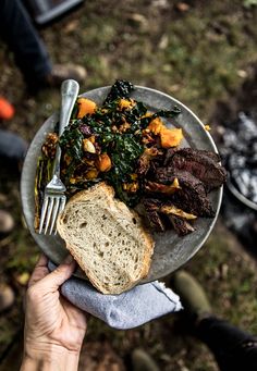 a person holding a plate with meat and vegetables on it next to a campfire