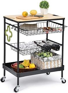 a kitchen cart with three baskets on it and some food in the bottom basket next to it