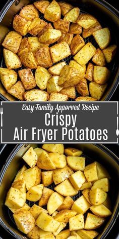 air fryer potatoes with the words easy family approved recipe crispy, air fryer potatoes